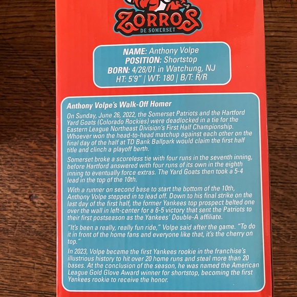 NIB 2024 Somerset Patriots Anthony Volpe SGA Bobblehead 6/23 Yankees - Unopened - Picture 4 of 5